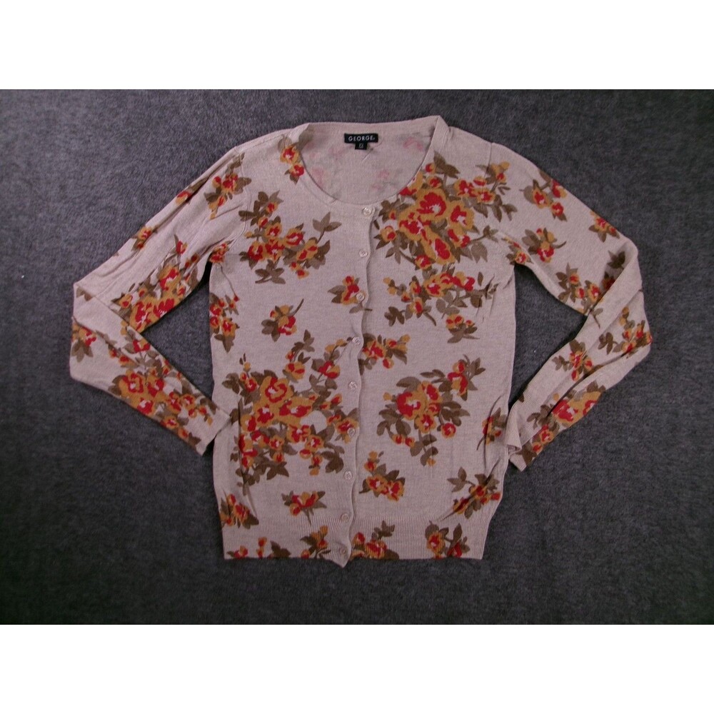 George Cardigan Womens S Floral Button Front Long Sleeve Oatmeal Fine Knit Rayon